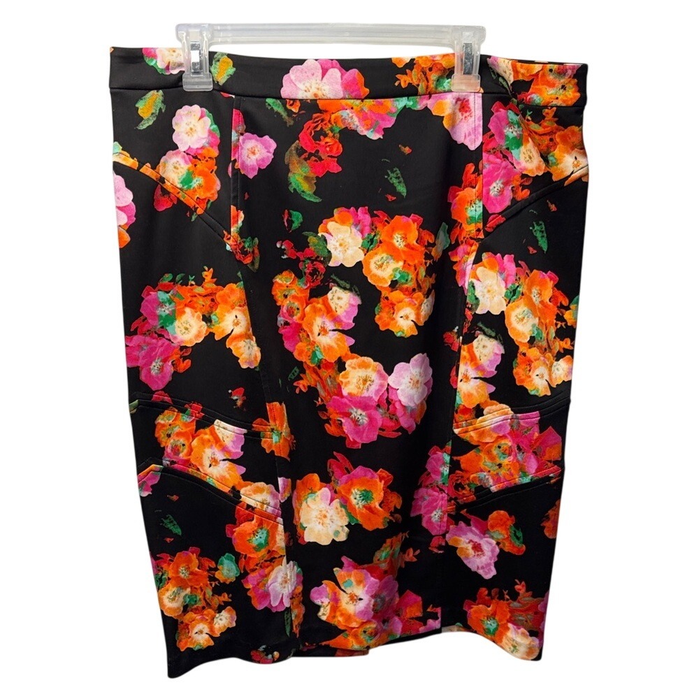 Robert Rodriguez Floral Pencil Skirt Black Pink Orange Seamed Knee Length 16 NWT